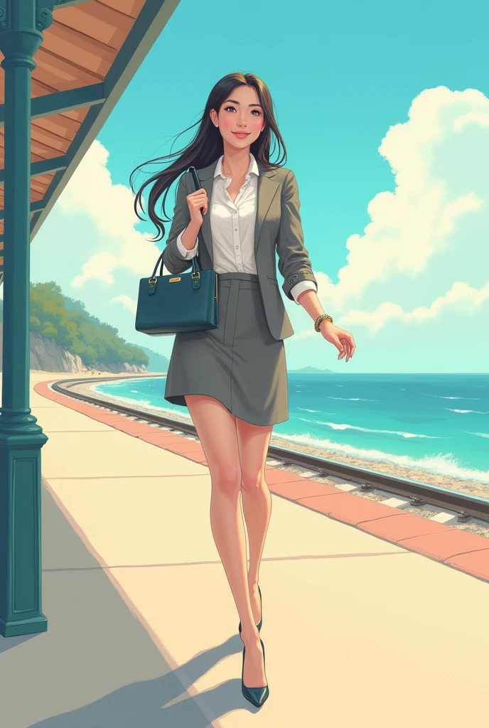 illustration of an elegant and beautiful young woman waiting for a train at a station near the beach, she is getting ready for work, she is seen smiling while swinging her legs because she is relaxed, the color is pastel, the view is calm and relaxed.