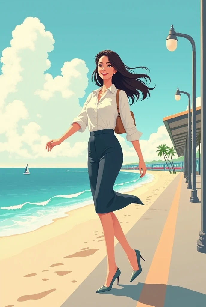 illustration of an elegant and beautiful young woman waiting for a train at a station near the beach, she is getting ready for work, she is seen smiling while swinging her legs because she is relaxed, the color is pastel, the view is calm and relaxed.
