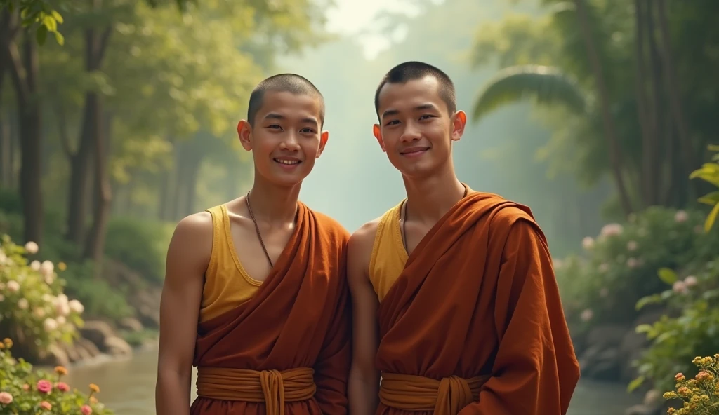 2 tall 1handsome and 1not handsome young Khmer monk smile 