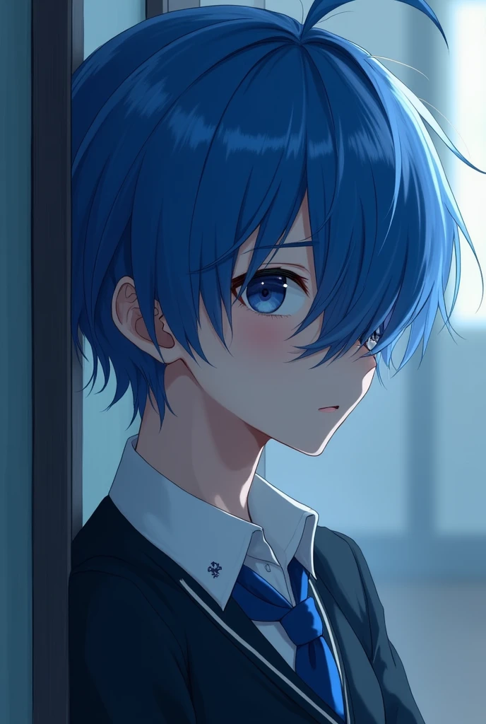 Blue short hair,male,Hair covering right eye,gentle,Get the blues,Half Body,High School Students,School uniform suit