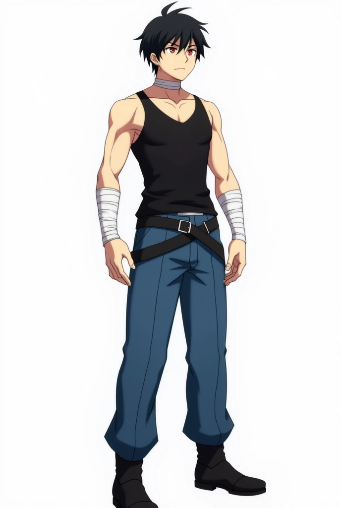 adult, masculine, relaxed and serious, Whole body, Black hair, slanted and red eyes, slim and tall body, black fitted tank top, bandages on his arms, bandages on the neck, blue pants, black belts, black boots, White background, anime, epic, 4k