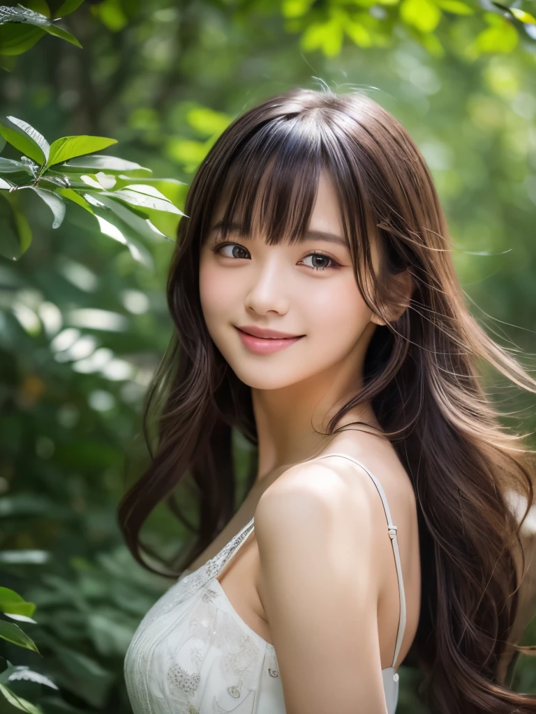 (masterpiece), (Highest quality), (Ultra high definition,Ultra-high resolution), (Disheveled Hair), (8k Raw Photo:1.5), (girl1人), (interview), (A quick background), Beautiful attention to detail, 繊細でBeautiful Face,Soft skin texture,Soft and attractive lips, floating, (High saturation), (Shine), Focus on the face, Black Hair, bangs, A big smile, floating Hair. girl, Girl in Love, Pixiv illustration, Highest quality, Very detailed, smile, Smart, Beautiful Face, 16K, nature, Sunlight filtering through the trees, Depth of written boundary,Film Grain,