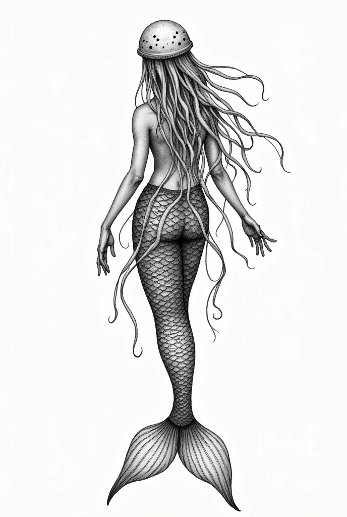 mermaid with long tail, ink sketch, detailed, with jellyfish tangled in the body, backwards