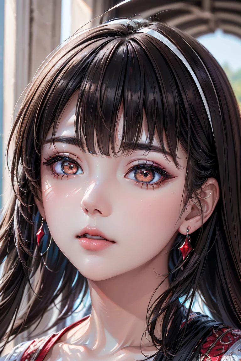 quality(((ultra high resolution))), ((photorealistic Realism 16K Quality)), vivid colors, (vivid colors, multicolor ((white, red, black)) in her outfit:1.25), (ultra-fine digital art), \[(eyes:vibrant)]:{((Hyper absurd details of realistic perfectly round brown_eyes: 1.3) in hyper absurd quality and resolution)}, (the most absurd quality perfect eyes), ((natural super beautiful cute sharp-face)), (light pale complexion), ((clear no blur and sharp perfect round finely detailed pupils))