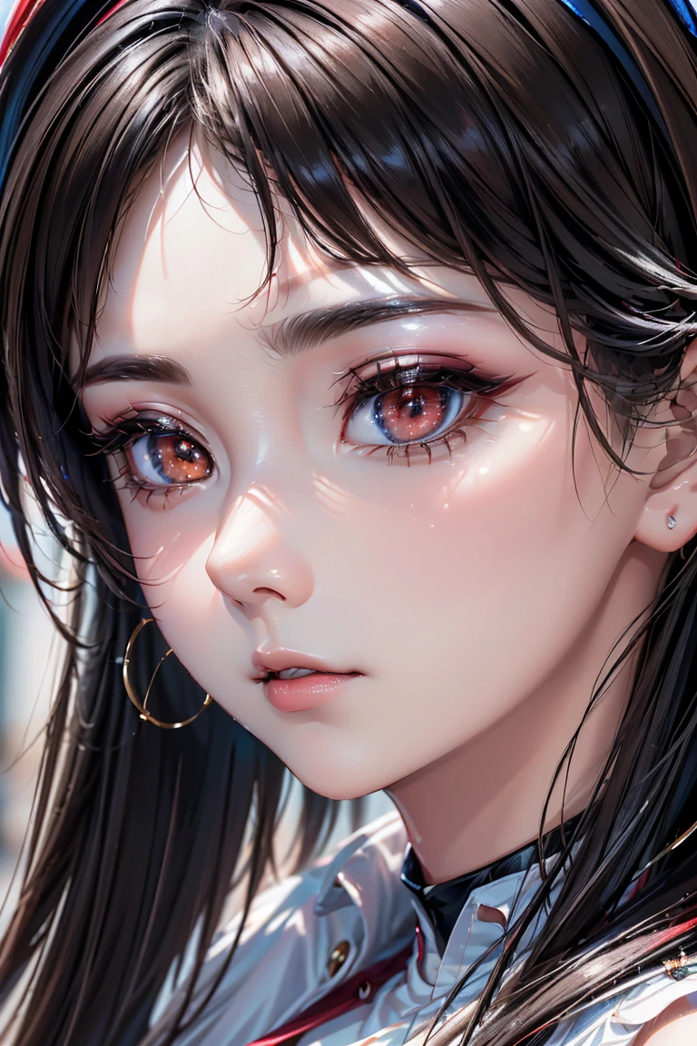 quality(((ultra high resolution))), ((photorealistic Realism 16K Quality)), vivid colors, (vivid colors, multicolor ((white, red, black)) in her outfit:1.25), (ultra-fine digital art), \[(eyes:vibrant)]:{((Hyper absurd details of realistic perfectly round brown_eyes: 1.3) in hyper absurd quality and resolution)}, (the most absurd quality perfect eyes), ((natural super beautiful cute sharp-face)), (light pale complexion), ((clear no blur and sharp perfect round finely detailed pupils))