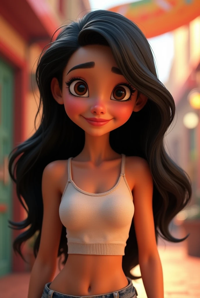 Create a Pixar-style character with long, black hair ,light brown skin woman, small breasts dark brown eyes , thin eyebrow and thin face and big mouth with tank top