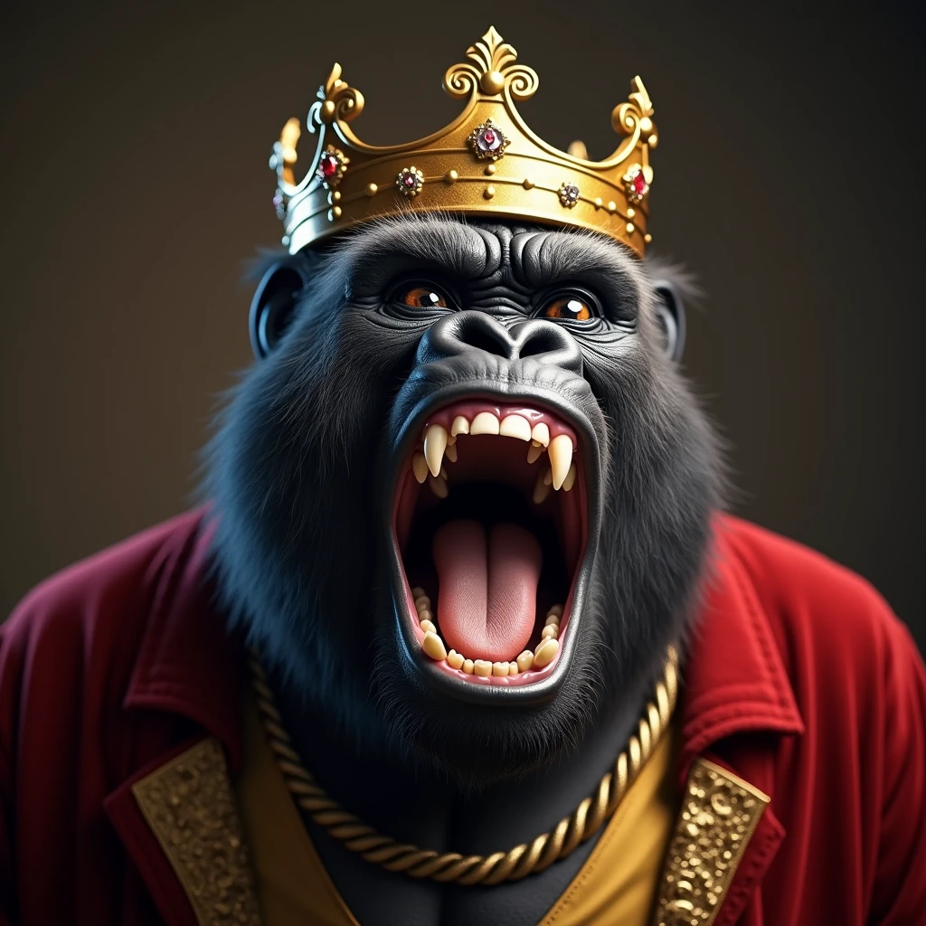 "Create a lifelike close-up portrait of a gorilla's face in full royal dress, including a golden crown and a velvet robe, captured mid-laugh. The gorilla's eyes are narrowed in disdain, and its mouth is open wide in a powerful, mocking laugh. The background is softly blurred, enhancing the gorilla's arrogant and joyful expression."