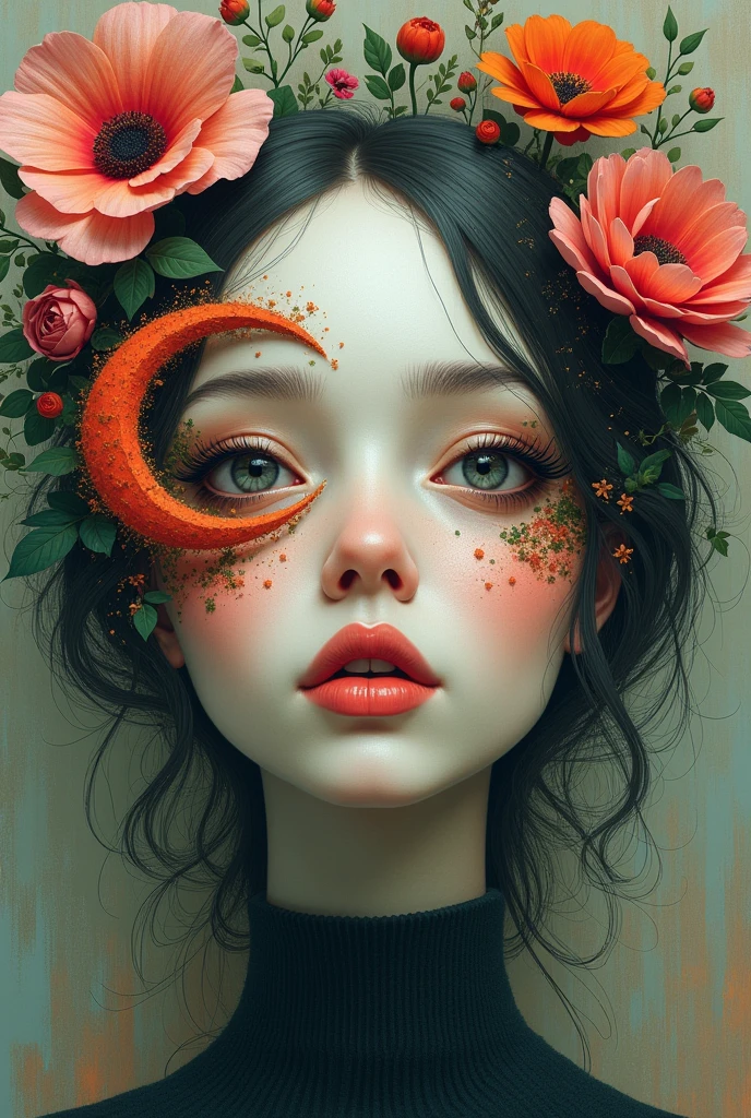 Un C dans un visage abstrait avec des fleurs 