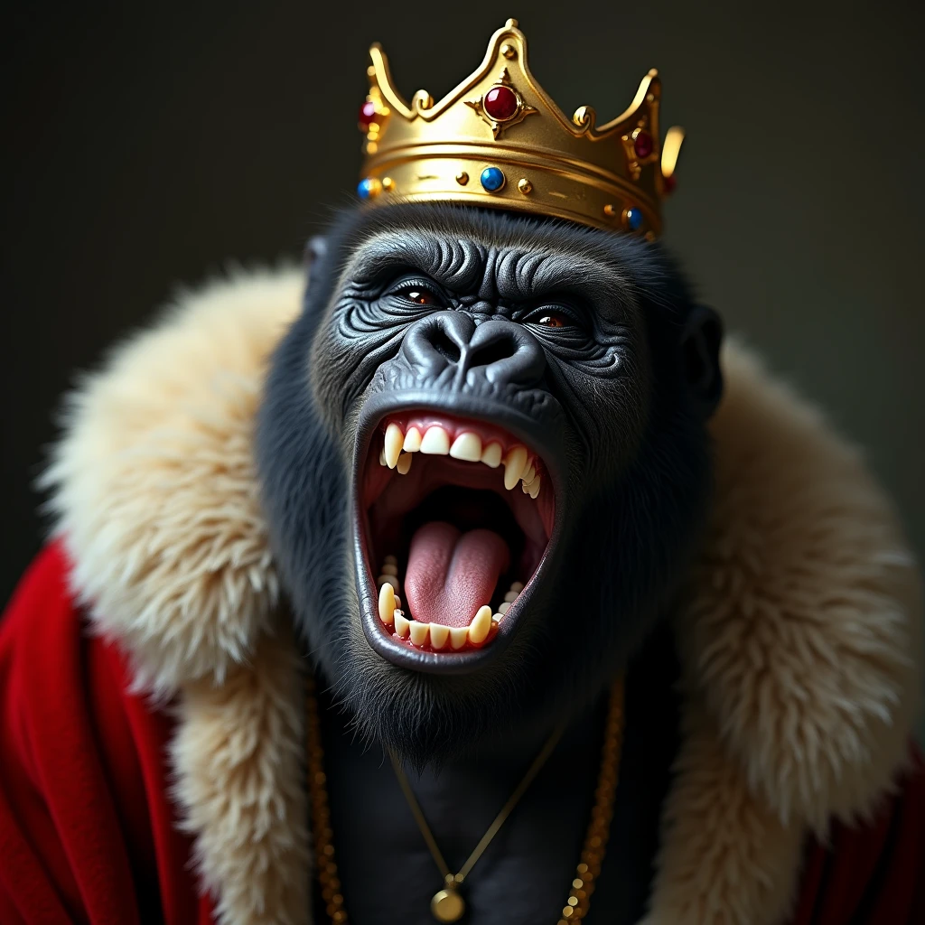 "A hyper-realistic close-up depiction of a gorilla's face in kingly attire, wearing a crown and a fur-lined royal robe, laughing uncontrollably with a scornful expression. The gorilla's head is slightly tilted back, its eyes narrowed in a derisive gaze, and its mouth wide open in a mocking laugh. The background is softly blurred, focusing on the gorilla's regal and disdainful expression."