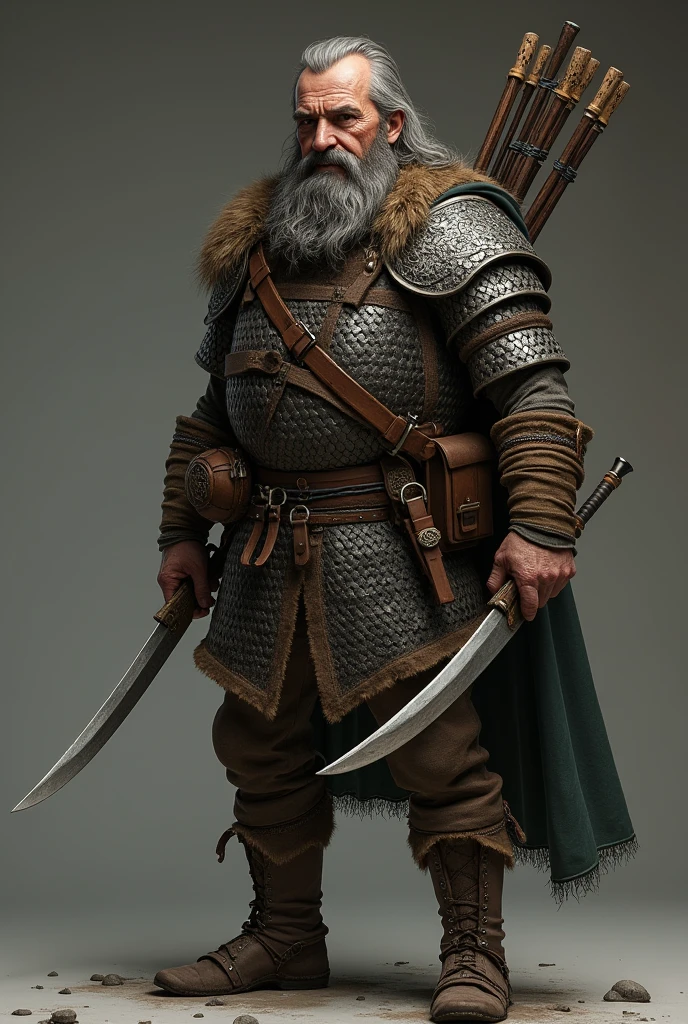 31 old man with a beard, some face wrinkles, Brown hairy and eyes, food muscle definizione, around 1,76 cm of height wearing a simple scale mail for armor two shortswords and a large now with a quiver. An Explorer