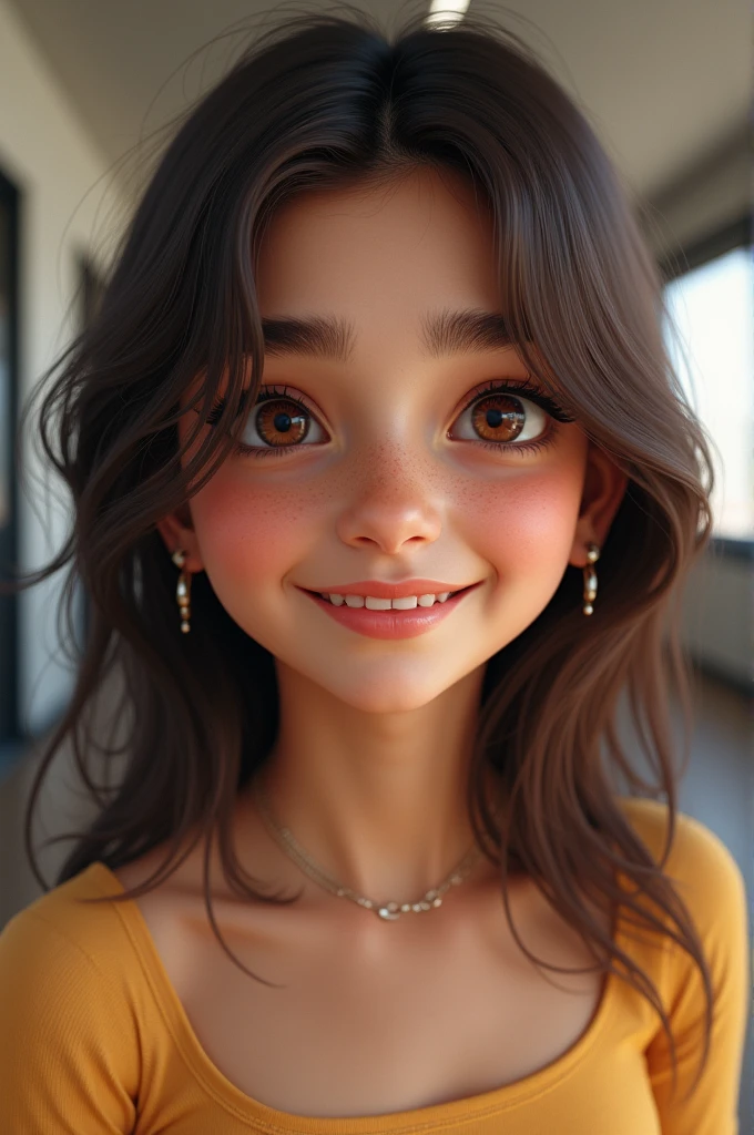 16 year old girl with a soft cute smile her eyes of midium size skin colour is  midium white eyes of brown colour 5 feet of height a Indian girl with a modern outfit her hair colour is brown and midium size of boobs 34,26,36 size of body 
