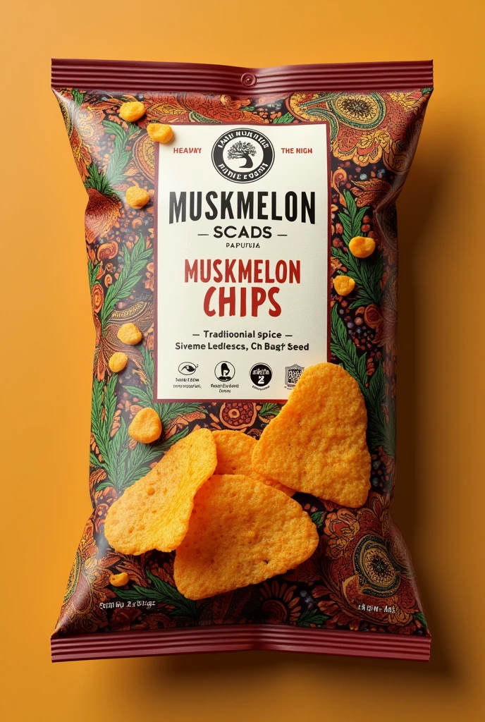 A visually appealing packaging design for chips packet
Chips are made of muskmelon seeds powder mixed with water , dry roasted and topped with indian spices
Indian touch required to the packaging