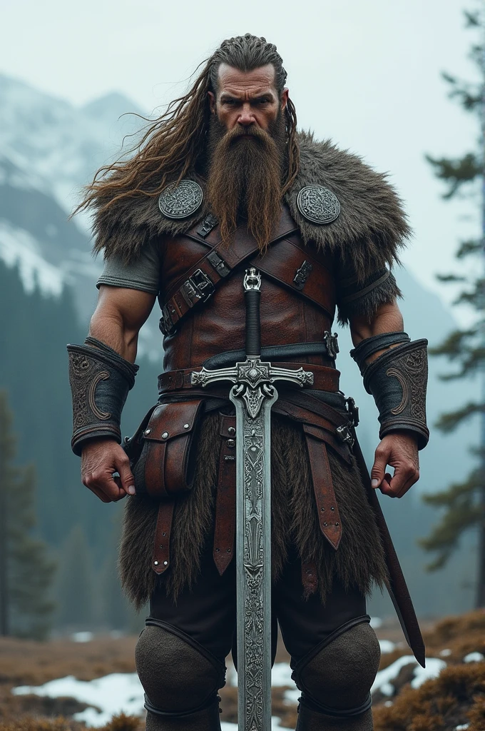 A warrior in old format like vikings at his peak of energy and holding a sword