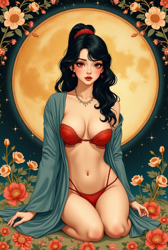 score_9, score_8_up, score_7_up ((masterpiece)), (best quality), (Work), Art Nouveau watercolor painting , moon goddess , big breasts,robe,thong,show your neck,bare shoulders,show navel,Camel toe exposed,big eyes, long, thick eyelashes, plump lips, dark red eyes, hair long and thick, high ponytail, chubby, flowery_background, Intricate designs and patterns in the style of Alphonse Mucha.from the butt,Detailed Background,Art Deco,Beautiful landscape painting,Botanical Art,Flower Art,(Floral:1.2), (masterpiece, Highest quality),Vibrant colors,colorful, Highest quality, Amazing details, Anatomically correct, Line art, Written boundary depth,Flat Shading,Bokeh, woman、、Black Hair、 whole body、 Sit with your legs apart:1.5、sexy、Passionate、Stretch your legs、(Thighs)、(Small breasts)、Slim style、(barefoot)、 Mucha style、Ukiyo-e style、Looking up at the camera、Browsing Caution,kimono, dragon kimono, partially open kimono,red bra