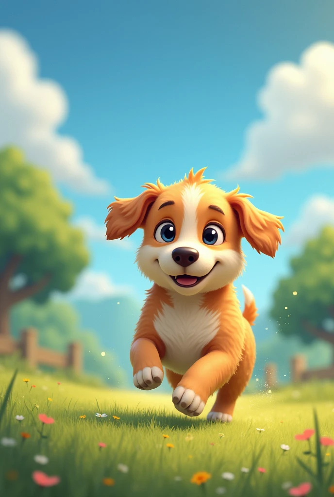 A cute dog appears running towards the main character, who is startled but quickly becomes enchanted by the animal.