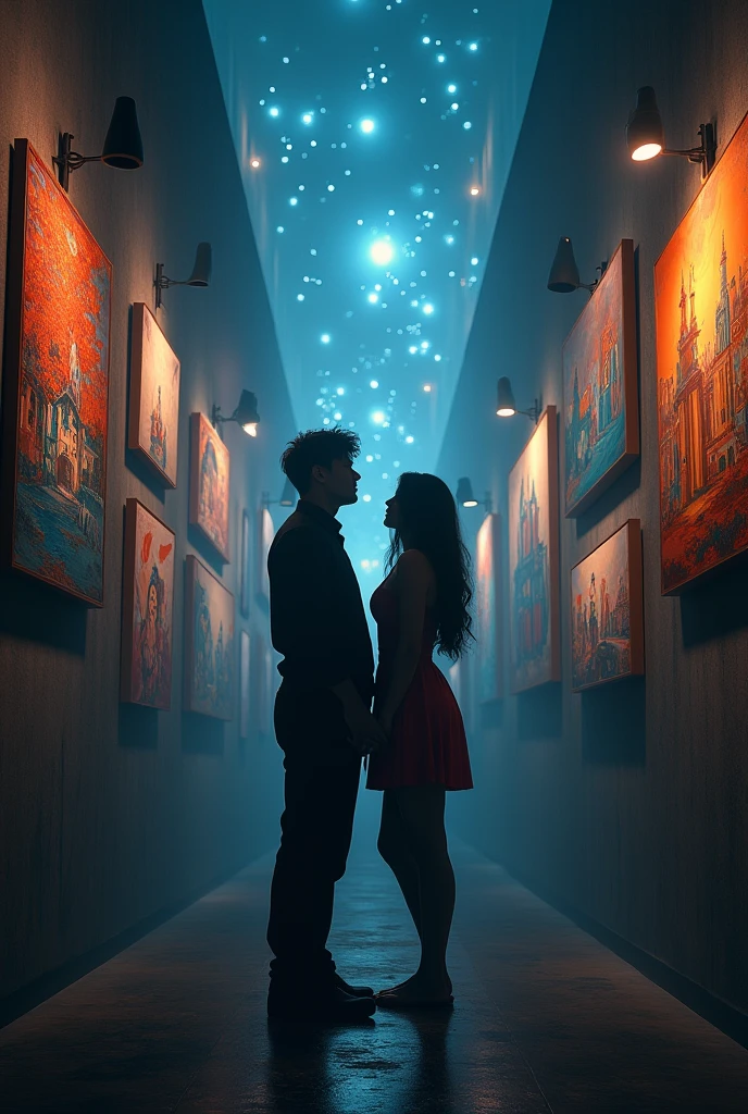 Couple both are see a building in the dark full of painting in the room