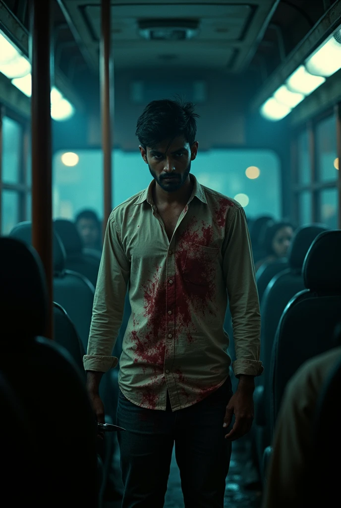 Make a movie poster " A 25 YEAR YOUNG INDIAN BOY, WEARING A NORMAL FULL SLEAVE SHIRT PANT, HOLDING A KNIFE IN HAND, HIS BODY AND FACE IS FULLY BLOOD, HE SIMPLY STANDING AND LOOK AT THE ENIMIES, in bus inside, at night dark suspence ambiance