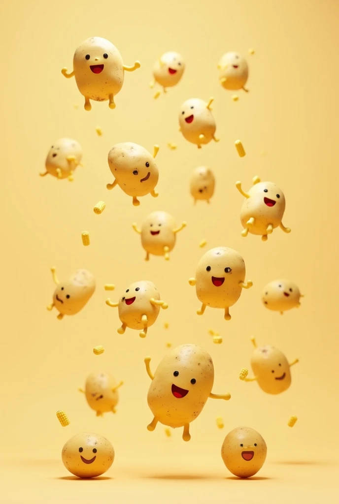 Create an image that looks like a shower of potatoes and corn but that everyone has a cute and smiling face and is visible and looks like they are falling from the sky., the beige background
