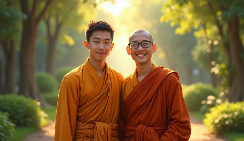 2 tall 1handsome and 1not handsome young Khmer monk smile 