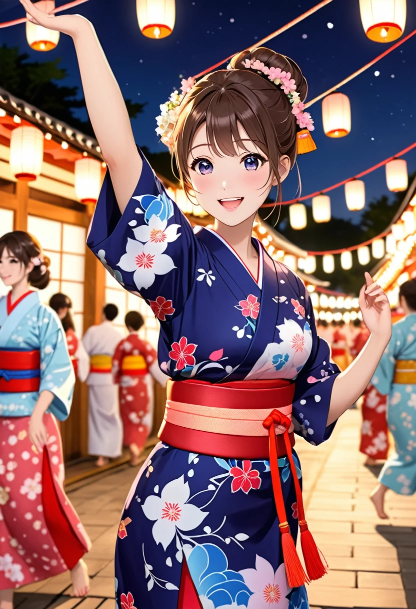 Highest quality、High resolution、Detailed Background、Teenage beauty、Detailed face、cute hair color、Bun Hair、Perfect body line、(Lively girl dancing at Bon Odori venue:1.5)、(Dancing with hands up high:1.5)、night、Festivals、Bon Odori venue、A big smile、Cute patterned yukata、dancing lively、Waving your hands back and forth、Waving your hands left and right、Coordinated hand and foot movements、Traditional Japanese summer festivals、Bon Odori is held at night, so lanterns and other lights are lit up, creating a fantastic atmosphere.、cute