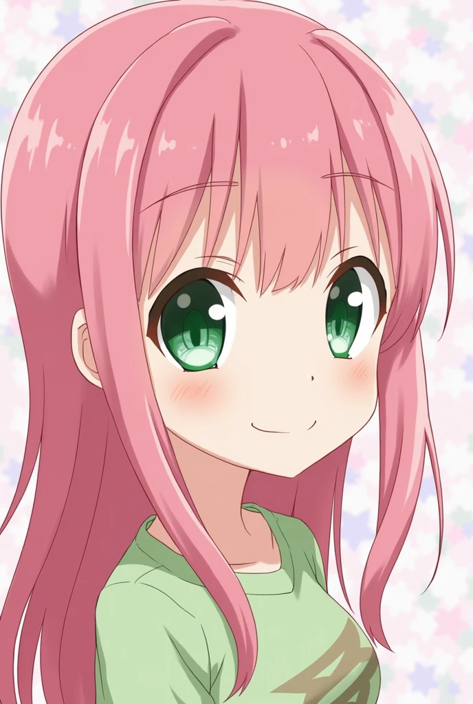 Anime girl with pink hair and green eyes,