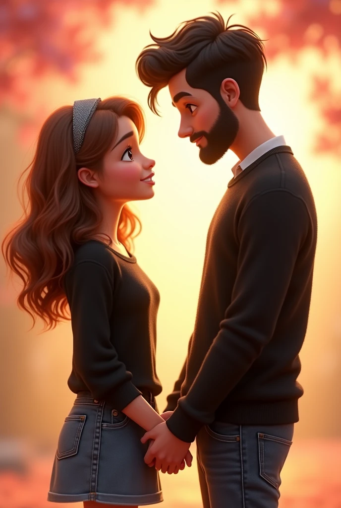 A couple holding hands, The slightly chubby girl with white skin,very light brown wavy hair, with light brown eyes, with a jean skirt and a black sweater and the boy with very short, slightly wavy, black hair, with beard, slightly dark skinned, in a black sweater and jeans, Disney Pixar version