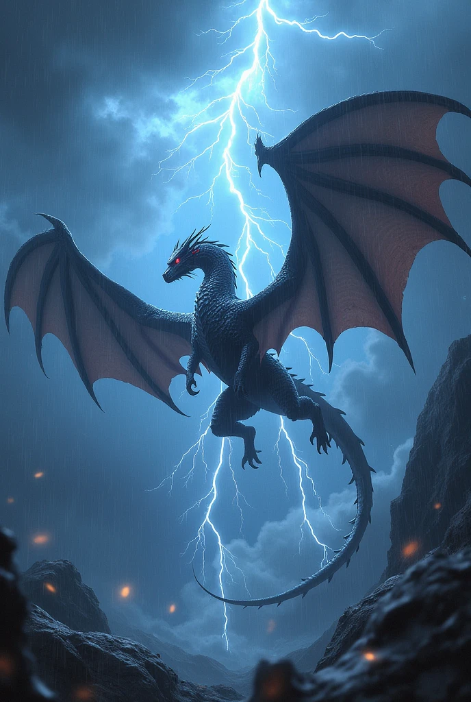 A storm dragon Flys through a violent storm surrounded by lightning 