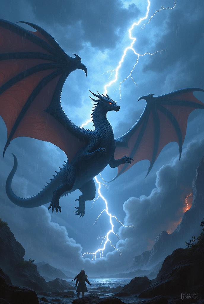 A storm dragon Flys through a violent storm surrounded by lightning