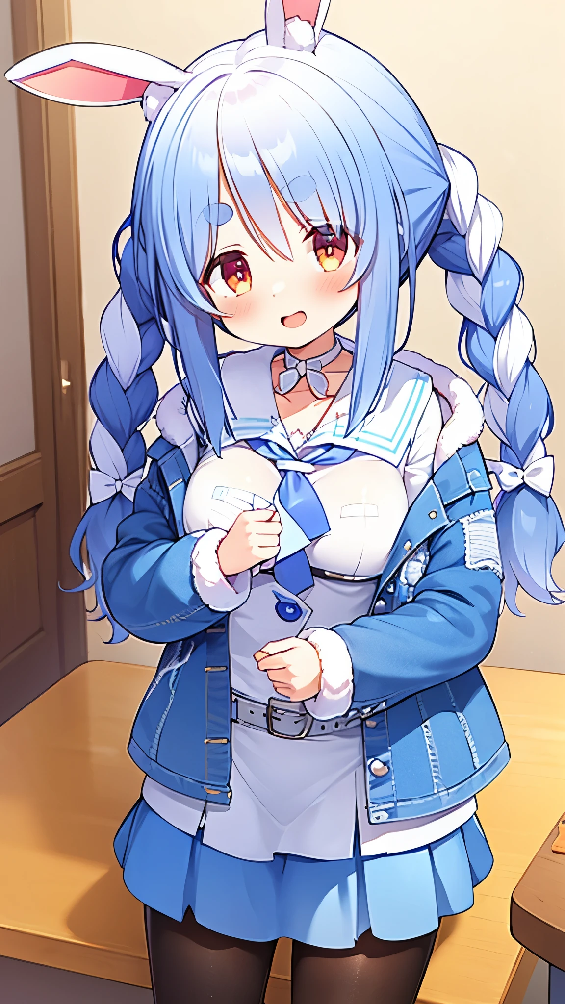 bunny ear,bunny tail,big breast grab,smile,cute eyes,usada pekora casual, official alternate costume, fur-trimmed jacket, choker, denim jacket, open clothes, white belt, long sleeves, open jacket, sailor collar, blue neckerchief, pleated skirt, white sailor collar,masturbation