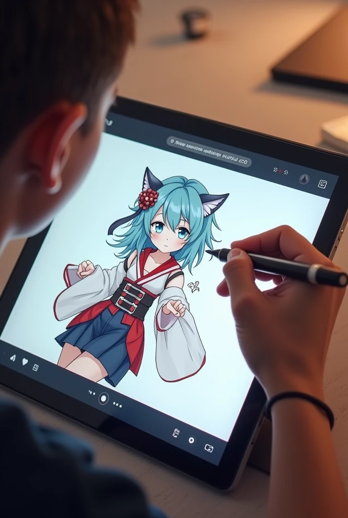 Make it seem like I'm drawing a digital fan art of beidou from genshin impact on an iPad with stylus in my hand. Only hand and the screen with the drawing is visible