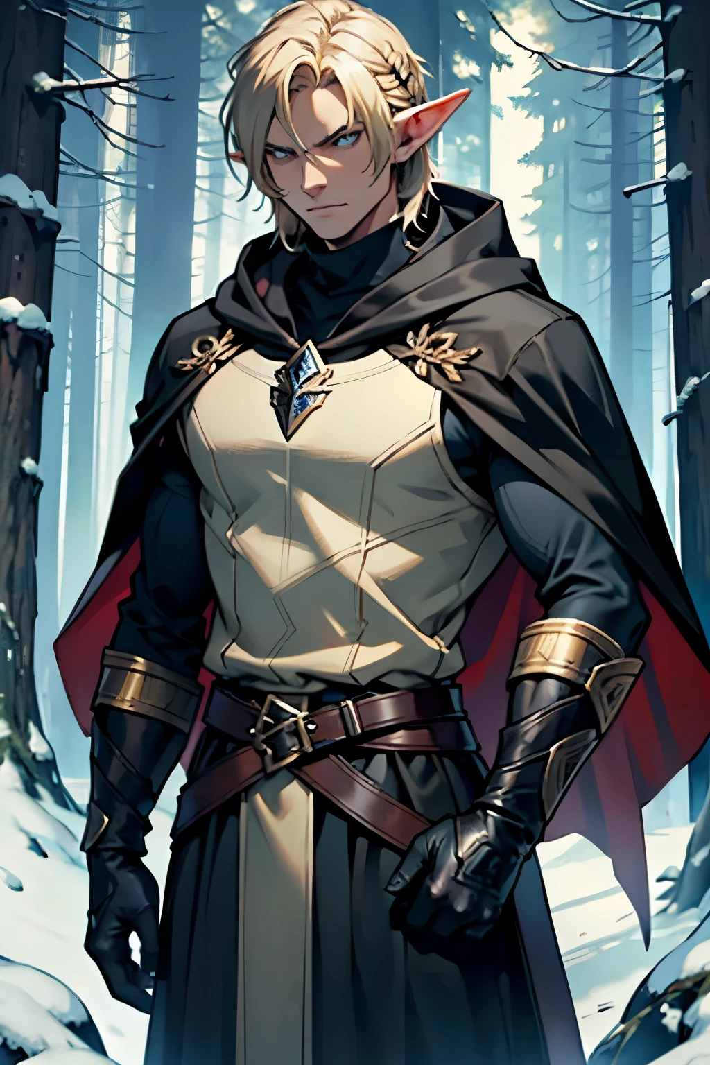 Wood Elf Ranger, with medium white blonde hair, An elf dressed in a black ranger, serious look, in black cuirass armor, Ranger Warrior, Elf in a hood, thin and tall, Full length, Scrawny, very high, enigmatic, hooded, Wearing a black cape on his back, in front of a forest background in the winter, medieval times, fancy, On the right hand is a glove, Dark Black Cover. He is bitter and specializes in hunting hellish creatures that invade his plane..