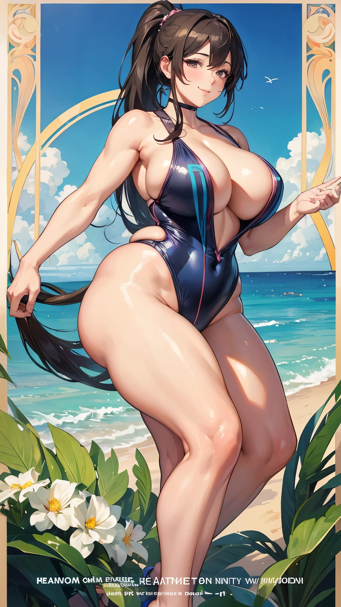 plump mature woman, shiny competitive swimsuit, large breasts, thick lower body, smile, bionde, ponytail alphonse mucha, High resolution, Anatomically correct,