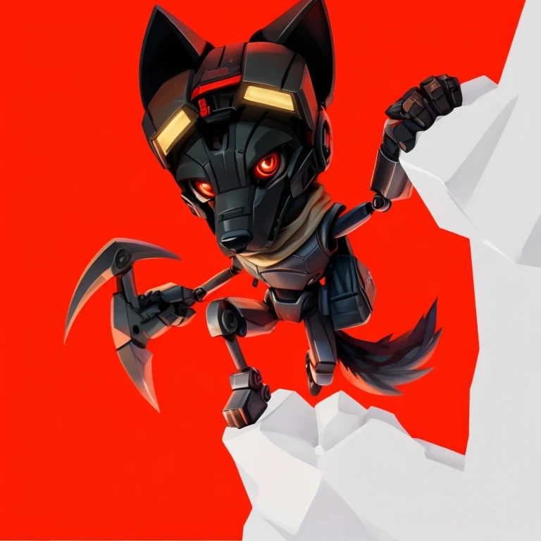 Black Robot Male muscular anthro wolf, standing, left feet standing higher on a white stone, left hand holding a picaxe, right hand holding a white rock on the white wall to climb, sharp predatory glowing orange eyes sith red pupil in the middle and black sharp line in the middle of red pupil, eyes looking at the viewer, wearing white scarf on the neck, wearing big eyeglasses on his head, black wolf ears behind eyeglasses, wearing brown backpack, black wolf tail under backpack and behind body, detailed perfect 4k art, high quality 4k art, detailed black wolf robot face, perfect light, perfect shadow,  detailed perfect wolf robot tail with perfect light and shadow, red background