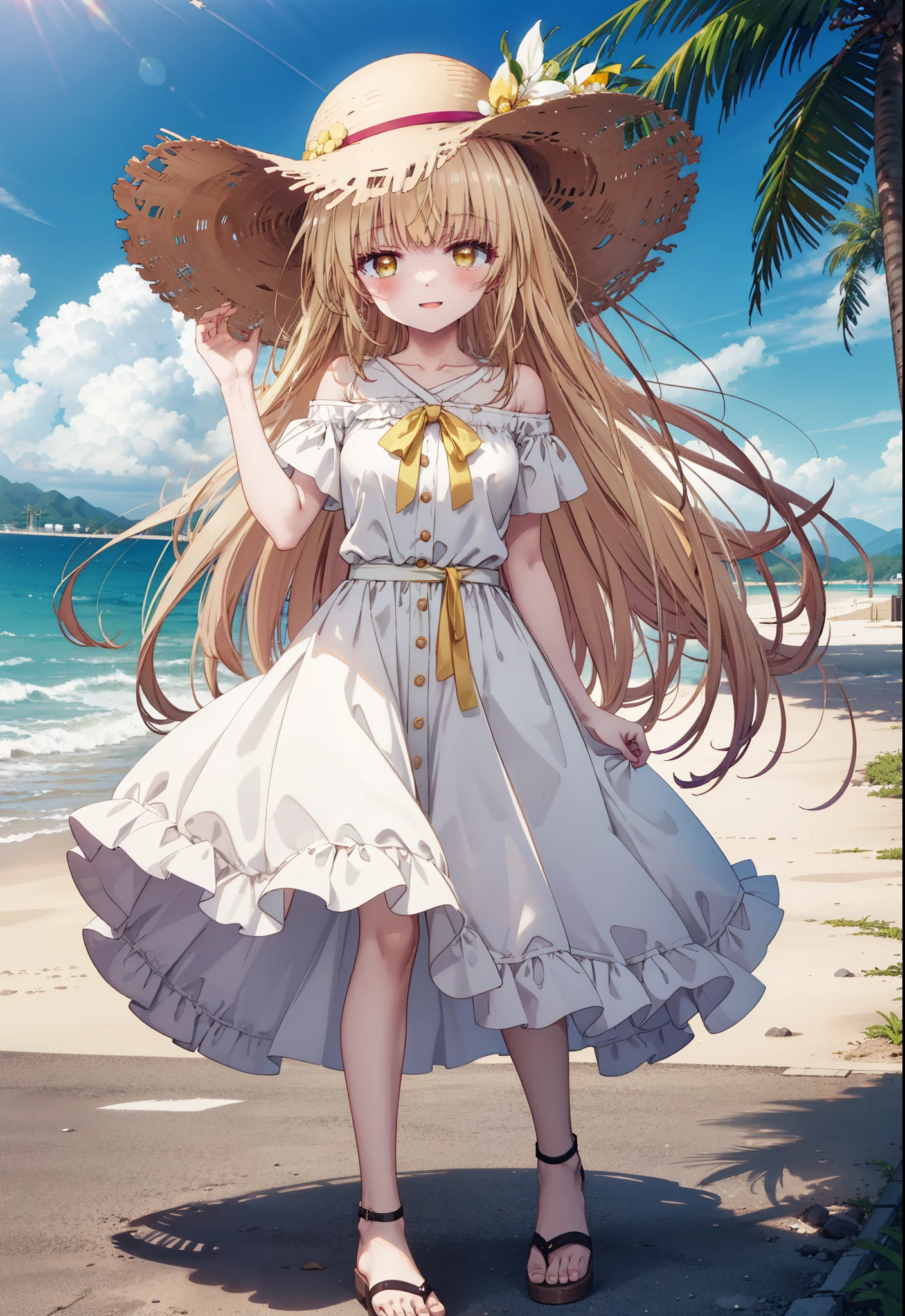 mahirushiina, mahiru shiina, Long Hair, bangs, Blonde, Brown Hair, (Yellow Eyes:1.3),happy smile, smile, Open your mouth,blush, Straw hat,smile,Cold Shoulder Shirt,Short sleeve,Long skirt,Cute heeled sandals,True Summer,Clear skies,Daytime,Palm tree,Hair is fluttering in the wind,whole bodyがイラストに入るように,
break outdoors, tropical,In town,Coastal Road,
break looking at viewer, whole body,
break (masterpiece:1.2), Highest quality, High resolution, unity 8k wallpaper, (figure:0.8), (Beautiful attention to detail:1.6), Highly detailed face, Perfect lighting, Highly detailed CG, (Perfect hands, Perfect Anatomy),