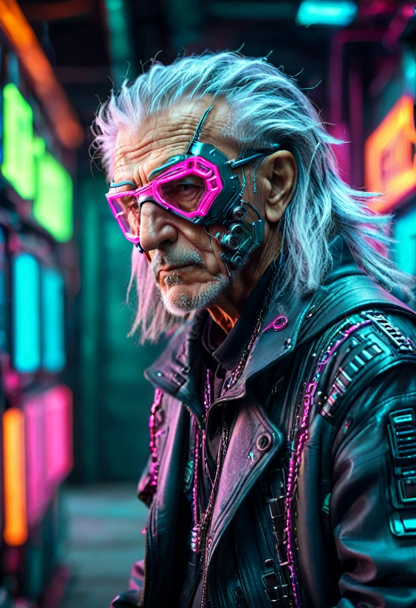 Ultra-Realistic Capture,18k,RAW Photos,Highest quality,masterpiece,reality,Very detailed,Sharp Photos,cyber punk,cyber punk,Soft lighting, Cinematic shots, Vibrant colors, Gorgeous colors, (1 person,Elderly men:1.2), wise,Gray Hair,Long Hair,Detailed Background, Detailed face,Mechanical Clothes,neon,Acrobatic Pose,mask,