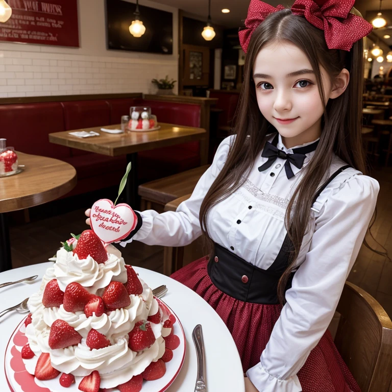 advertising photo, this is a cafe, 1 girl, 16-year-old face, Waitress carries cake to the table, red two tails, gentle face, a Gothic ta half-costume and a maid costume depicting strawberries, Clothes based on white color,