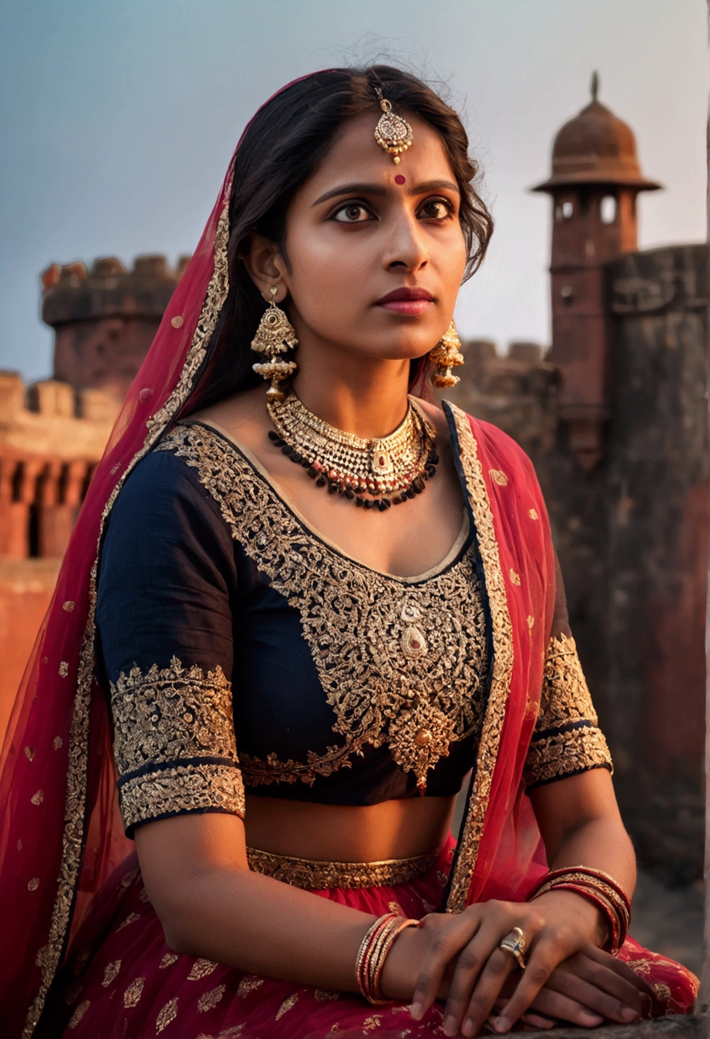 high resolution portrait of Indian woman, sitting on the roof of in Indian historical fort, looking away from the camera, detailed ethnic dress, evening lighting, beautiful detailed eyes, beautiful detailed lips, extremely detailed face, 8k, photorealistic, canon 5D, f/2, cinematic bokeh background