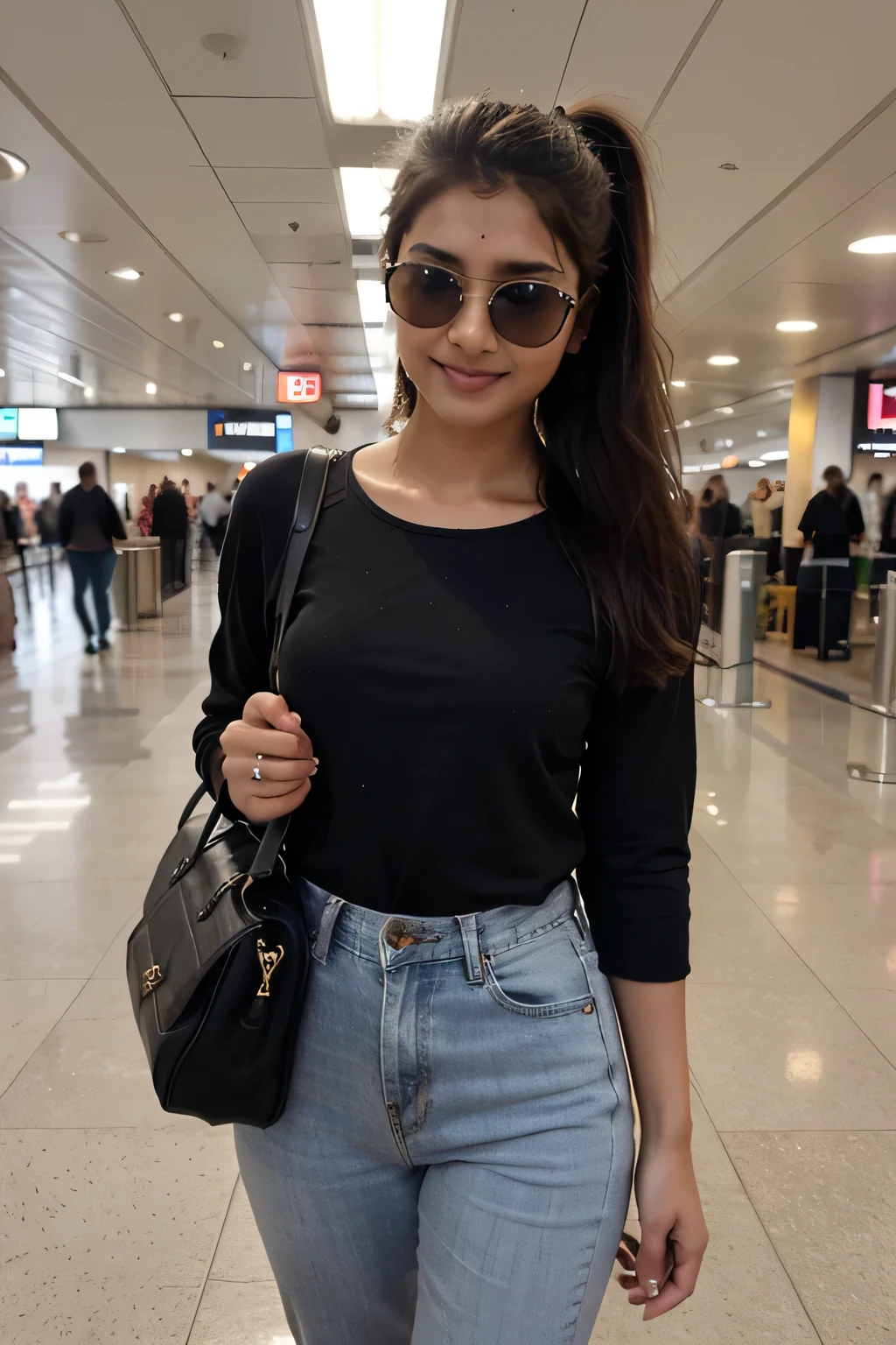 ((best quality)), ((masterpiece)), (detailed),
A 21 year old beautiful Indian girl with long hair smiling face beautiful eyes wearing a kurti dress and and jeans pant with a vanity bag standing in a airport ponytail hairstyle wearing sunglasses in eyes full pic