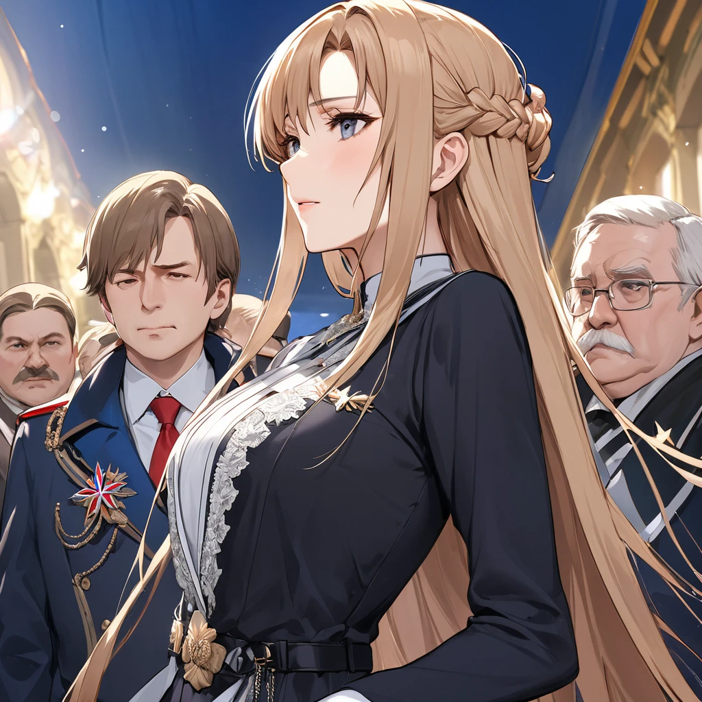((Highest quality)), ((masterpiece)), (detailed), (Perfect Face)、The woman is Yuuki Asuna, a Russian with light brown, semi-long hair.、The woman is a member of the United Russia party and is beautifully dressed in the fine attire and luxurious accessories appropriate for a party member.、She is a United Russia member who is dedicated to the cause of a great United Russia, and she deeply respects and worships the leader of the Great Russian Party, a United Russia supremacist.、The woman is accompanying and following the great United Russia official.