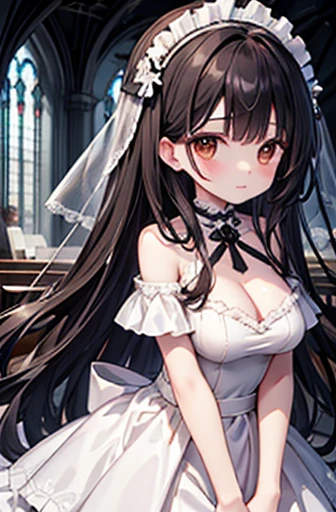 Highest quality、Brown eyes、thin、expensive、8k、girl, High resolution,Black Hair、Long Hair、White Wedding Dress、church、Off the shoulder、Frills、Big Breasts