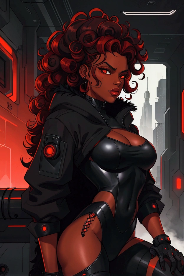 Chico black skin, curls, long black fur, reddish chestnut tips, black pullover, provocative look, cyber punk atmosphere