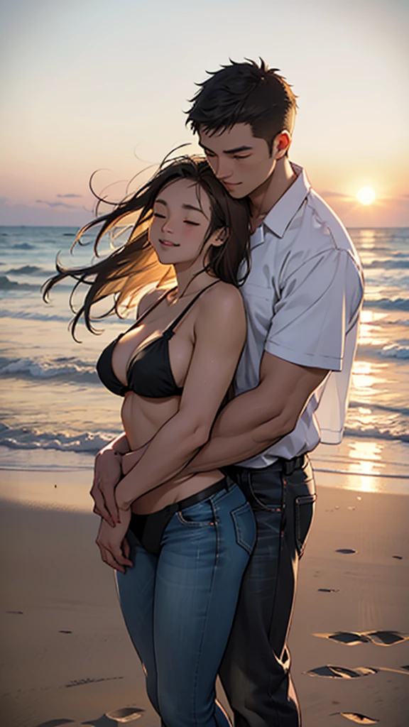Candid, outdoor photograph featuring a couple on a sandy beach during sunset. The man, with short brown hair and a light complexion, is shirtless and wearing blue jeans. He is embracing a woman with long brown hair big curvy hips and a similar light complexion. She is wearing a black bikini and smiling with her eyes closed. The background shows a sandy beach with some vegetation and a clear sky with warm, golden hues, indicating the setting sun. The couple appears to be enjoying a tender moment, with the man gently kissing the woman's forehead.