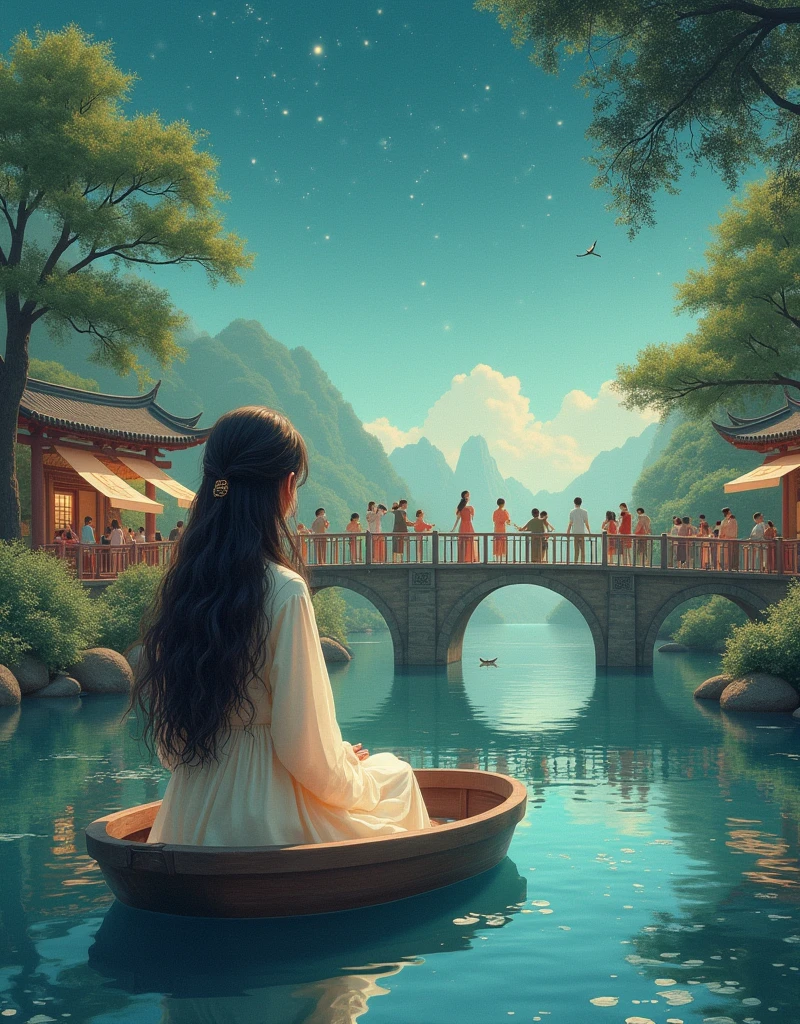 Canvas Illustration,Etienne Adolphe Piaud, Etienne Adolphe Piot,English Pre-Raphaelite painter,Pre-Raphaelite Brotherhood, ink style, masterpiece, Fantasy Garden,Aesthetic healing,moon,Star,Beautiful and poetic,Minimalism平面插画,Jiangnan countryside in summer,Beautiful modern Wuzhen,Beautiful long-haired girl sitting in a boat,Wearing modern Hanfu,Behind is a crowded stone bridge,Super happy,joy,The skyline in the distance,A fusion of ancient and modern,Bustling tourist crowd,Full of poetry,Clean background,Dynamic,Hazy feeling,Layering,Has a stunning visual effect,Fascinating lighting,Bright and vivid colors,Chiaroscuro,Flat,Minimalism,high quality,High Detail,HD晰,masterpiece,masterpiece,The painting style is meticulous,Refreshing colors,HD,in the style of Pre-Raphaelite Brotherhood