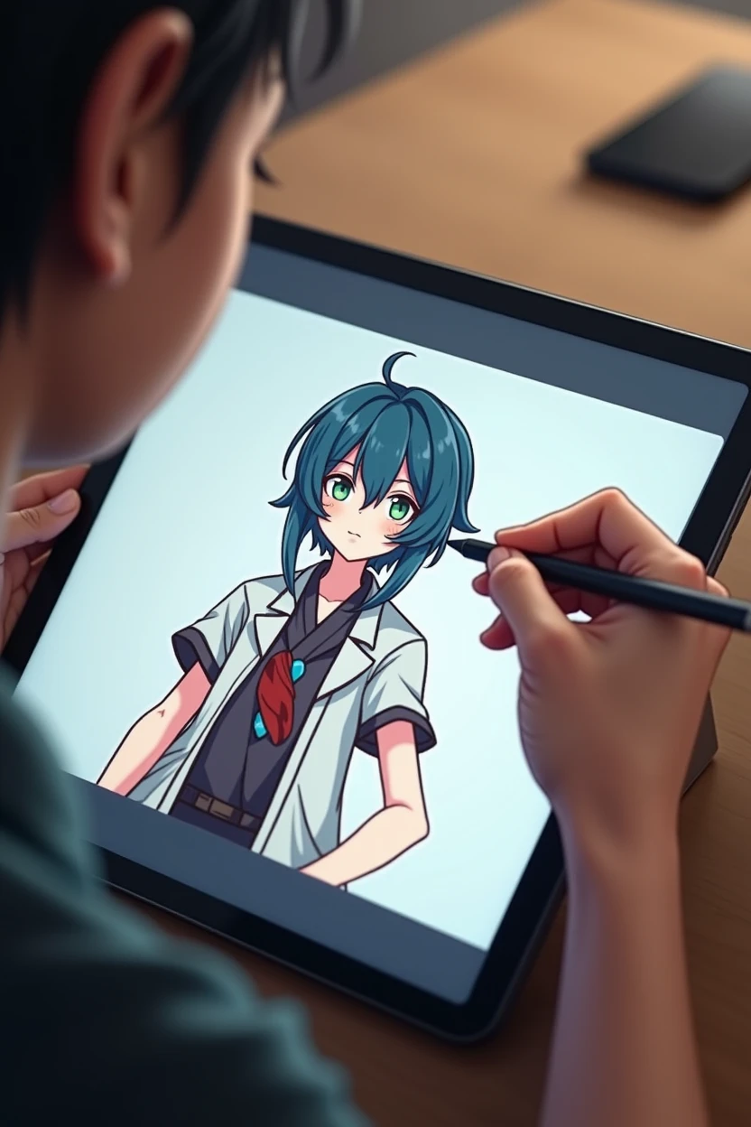 Make it seem like I'm drawing a digital fan art of beidou from genshin impact on an iPad with stylus in my hand. Only hand and the screen with the drawing is visible