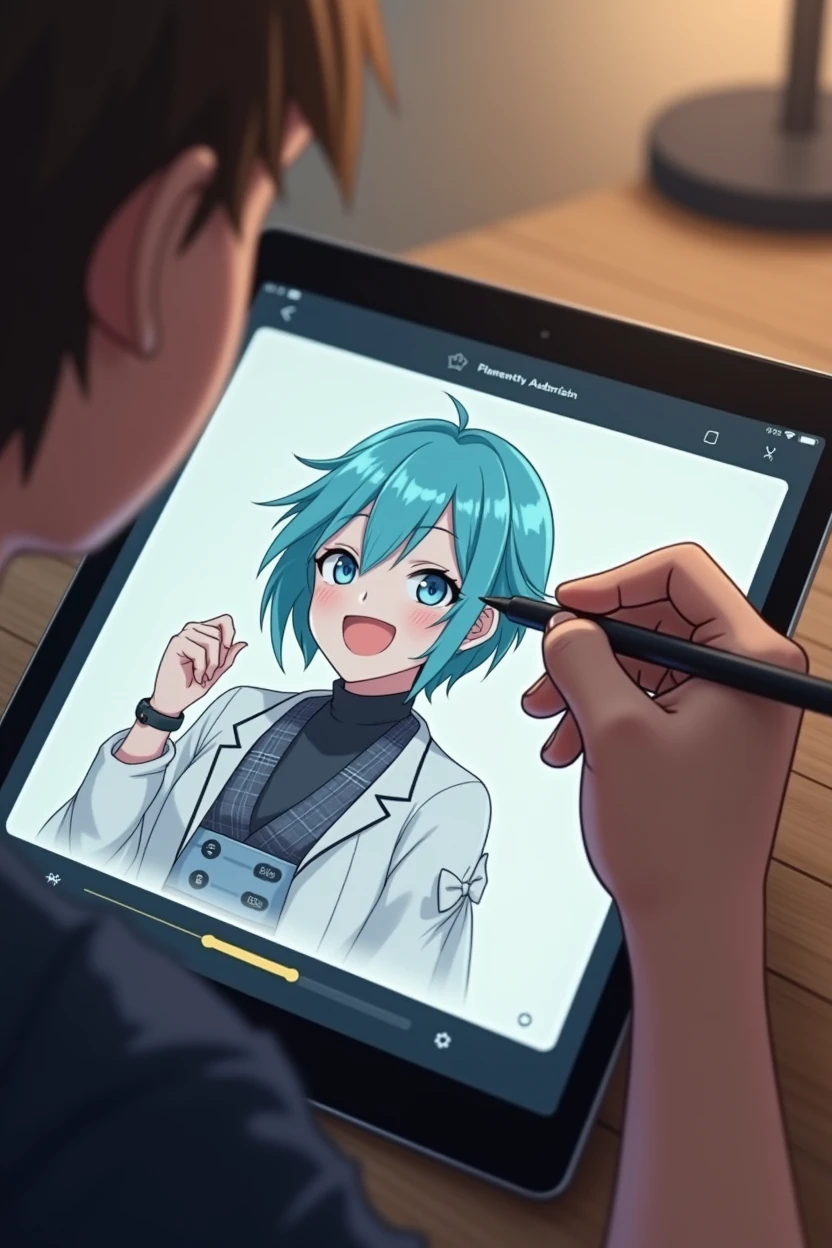 Make it seem like I'm drawing a digital fan art of beidou from genshin impact on an iPad with stylus in my hand. Only hand and the screen with the drawing is visible