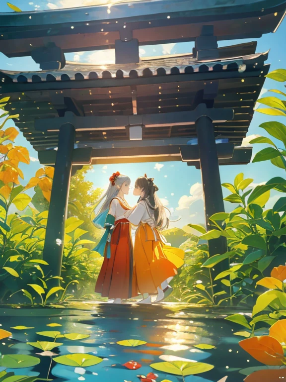 ((Highest quality)), ((masterpiece))、Small breasts、background(Magnificent View)、View from afar、Multiple people、Two women、Two shrine maidens、Dance together、prayer、Uplifting、(Blue and silver long hair、Blue-green eyes)、(Scarlet long hair、Orange eyes)、Miko costume、Hakama、shrine、anime