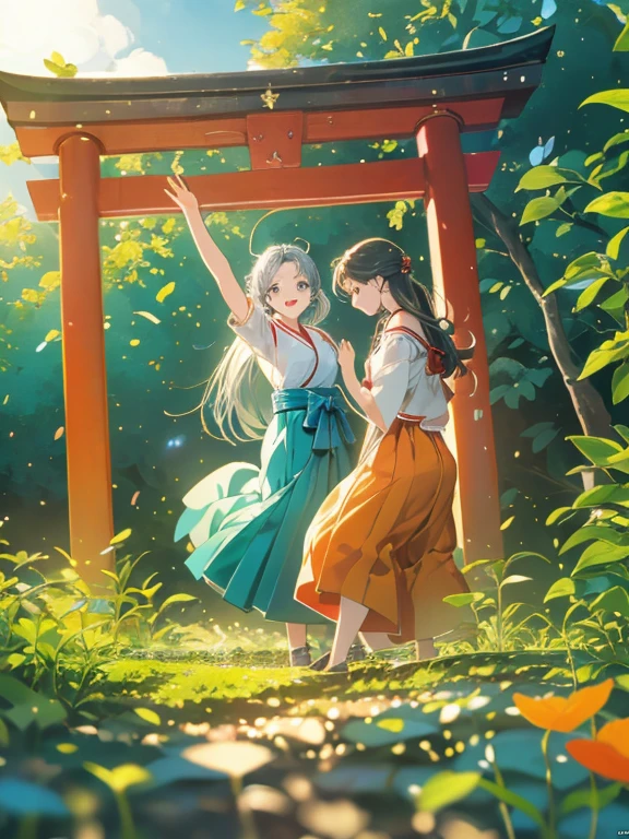((Highest quality)), ((masterpiece))、Small breasts、background(Magnificent View)、View from afar、Multiple people、Two women、Two shrine maidens、Dance together、prayer、Uplifting、(Blue and silver long hair、Blue-green eyes)、(Scarlet long hair、Orange eyes)、Miko costume、Hakama、shrine、anime