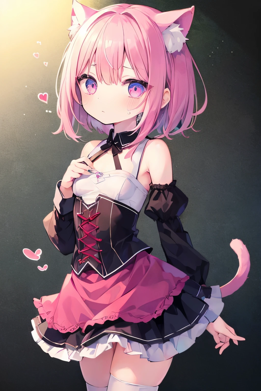 7-year-old girl、Dirndl、Putting on a collar、Elementary school girl、7-year-old girl,Pink shortcuts,Very beautiful and Shining Eyes、Shining Eyes、1 girl、Small breasts、Cat ear、(((((Small body)))))、heart❤、((Sweat、vapor))、
