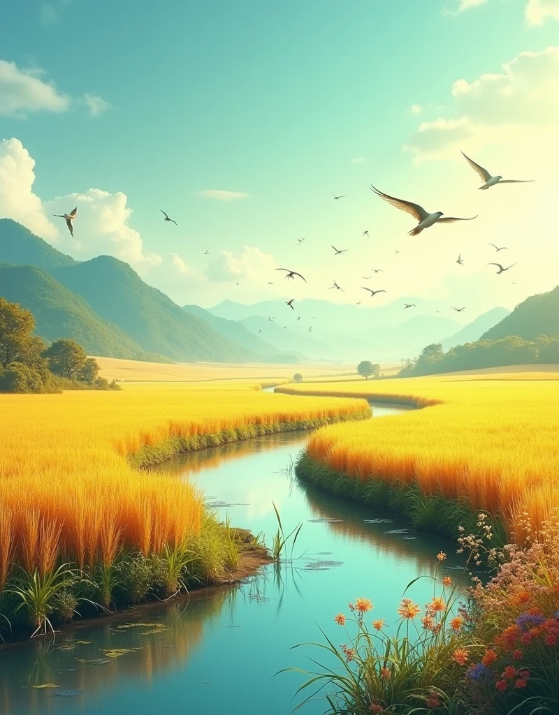 (8k，bright colors，bright，Ultra high saturation，rgb, rich and colorful), cartoon,role conception,Surreal photos，Fantasy Garden，Aesthetic healing，moon，Star，Beautiful and poetic，Minimalism平面插画，Jiangnan countryside in summer，When you walk into this rice field，It&#39;s like being in a surreal dream。What unfolds before your eyes is a vast rice field，Golden rice swaying in the wind，The sun shines on it，Let the whole rice field shine with warm light。Rows of colorful wildflowers grow at the edge of a rice field，They sway gently in the breeze，Like dancing gracefully。Standing on the edge of a rice field，You can see flocks of birds singing happily in the wheat fields.，Their chirping blends in with the melodious sound of the wind in the rice fields.，It forms a wonderful natural symphony。Occasionally a bird flies up，Cut through the sky，Leaving beautiful curves，It seems to depict an unparalleled picture of the sky.。There is a clear stream flowing through the rice fields.，the river is crystal clear，Reflecting the blue sky, white clouds and surrounding scenery，Like a living mirror。The river flows slowly，Makes the water sound sweet，It&#39;s like nature composed a beautiful music for them.，Dynamic，Hazy feeling，Layering，Has a stunning visual effect，Fascinating lighting，Bright and vivid colors，Chiaroscuro，Flat，Minimalism，high quality，High Detail，HD晰，masterpiece，masterpiece，The painting style is meticulous，Refreshing colors，HD，in the style of Pre-Raphaelite Brotherhood，Starry Sky，Abstract mosaic painting，Describing the inner world of autistic people，Sense of space，White space，interesting，Innocence，Psychedelic Art，可爱的Q版cartoon风格，Simple background，rich and colorful illustrations, bright colors, Full body portrait, HD, Q 版风格的HD图像