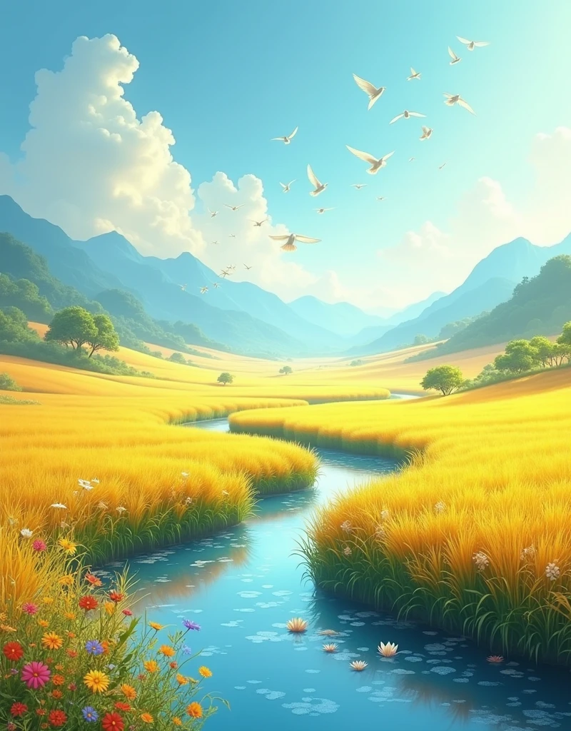 (8k，bright colors，bright，Ultra high saturation，rgb, rich and colorful), cartoon,role conception,Surreal photos，Fantasy Garden，Aesthetic healing，moon，Star，Beautiful and poetic，Minimalism平面插画，Jiangnan countryside in summer，When you walk into this rice field，It&#39;s like being in a surreal dream。What unfolds before your eyes is a vast rice field，Golden rice swaying in the wind，The sun shines on it，Let the whole rice field shine with warm light。Rows of colorful wildflowers grow at the edge of a rice field，They sway gently in the breeze，Like dancing gracefully。Standing on the edge of a rice field，You can see flocks of birds singing happily in the wheat fields.，Their chirping blends in with the melodious sound of the wind in the rice fields.，It forms a wonderful natural symphony。Occasionally a bird flies up，Cut through the sky，Leaving beautiful curves，It seems to depict an unparalleled picture of the sky.。There is a clear stream flowing through the rice fields.，the river is crystal clear，Reflecting the blue sky, white clouds and surrounding scenery，Like a living mirror。The river flows slowly，Makes the water sound sweet，It&#39;s like nature composed a beautiful music for them.，Dynamic，Hazy feeling，Layering，Has a stunning visual effect，Fascinating lighting，Bright and vivid colors，Chiaroscuro，Flat，Minimalism，high quality，High Detail，HD晰，masterpiece，masterpiece，The painting style is meticulous，Refreshing colors，HD，in the style of Pre-Raphaelite Brotherhood，Starry Sky，Abstract mosaic painting，Describing the inner world of autistic people，Sense of space，White space，interesting，Innocence，Psychedelic Art，可爱的Q版cartoon风格，Simple background，rich and colorful illustrations, bright colors, Full body portrait, HD, Q 版风格的HD图像